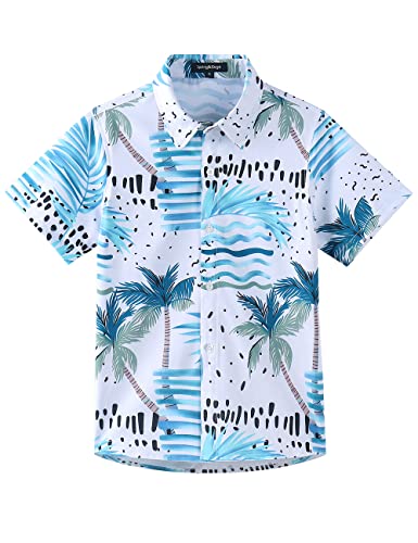 Spring&Gege Jungen Kurzarm Hawaiihemd Cartoon Print Aloha Button Down Shirts (3-14 Jahre), Grünes Blatt/Weiß, 13-14 Jahre von Spring&Gege