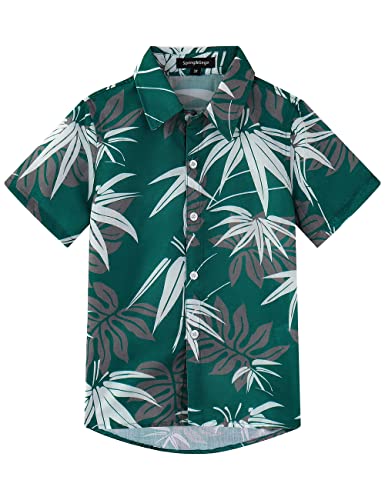 Spring&Gege Jungen Kurzarm Hawaiihemd Cartoon Print Unisex Button Down Lustig Shirts, Grüne Blätter, 152-158 von Spring&Gege
