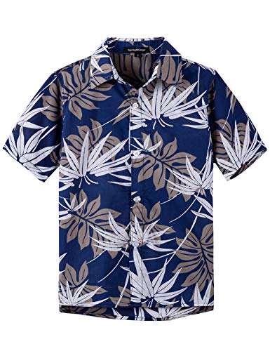 Spring&Gege Jungen Kurzarm Hawaiihemd Cartoon Print Unisex Button Down Lustig Shirts, Dunkelblaue Blätter, 116-122 von Spring&Gege