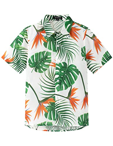 Spring&Gege Jungen Kurzarm Hawaiihemd Cartoon Print Unisex Button Down Lustig Shirts, Monstera/orange Blume, 116-122 von Spring&Gege