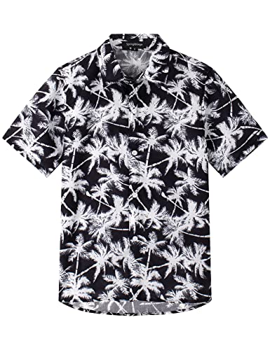 Spring&Gege Jungen Kurzarm Hawaiihemd Cartoon Print Unisex Button Down Lustig Shirts, Schwarz Weiß Kokosnussbaum, 116-122 von Spring&Gege