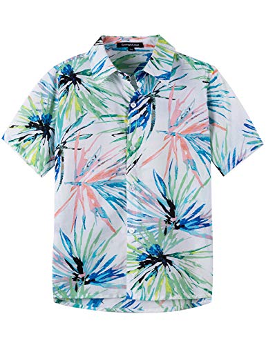 Spring&Gege Jungen Kurzarm Hawaiihemd Cartoon Print Unisex Button Down Lustig Shirts, Weißes Blatt, 164-170 von Spring&Gege