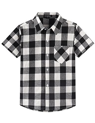 Spring&Gege Jungen Kurzarm Kariertes Hemd, Plaid Knopf Unten Hemd für Kinder, Schwarz und Weiß, 11-12 Jahre von Spring&Gege