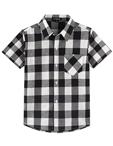 Spring&Gege Jungen Kurzarm Kariertes Hemd, Plaid Knopf Unten Hemd für Kinder, Schwarz und Weiß, 5-6 Jahre von Spring&Gege