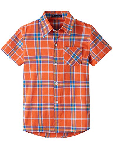 Spring&Gege Jungen Kurzarm Karo Hemd, Plaid Knopf Unten Hemd für Kinder, Orange, 140-146/9-10 Jahren von Spring&Gege