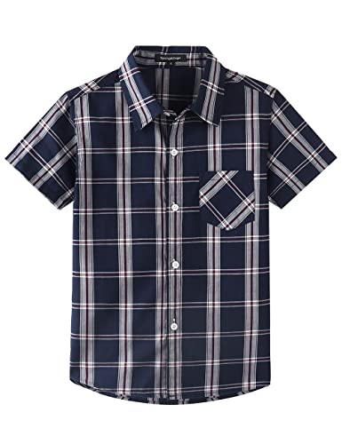 Spring&Gege Jungen Kurzarm Plaid Hemd Casual Baumwolle Kariert Knopf Hemd für Kinder, Dunkel Marineblau, 13-14 Jahre von Spring&Gege