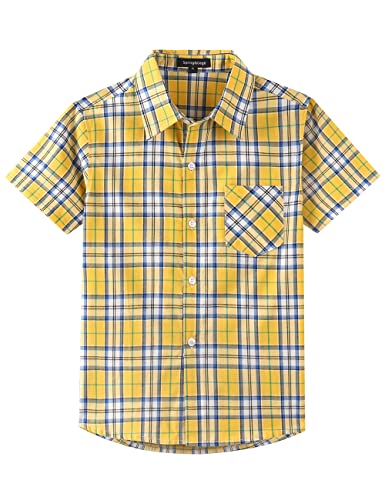 Spring&Gege Jungen Kurzarm Plaid Hemd Casual Baumwolle Kariert Knopf Hemd für Kinder, Gelb/Blau, 11-12 Jahre von Spring&Gege