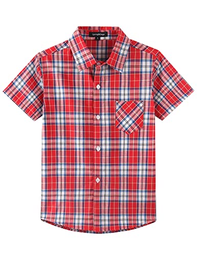 Spring&Gege Jungen Kurzarm Plaid Hemd Casual Baumwolle Kariert Knopf Hemd für Kinder, Rot/Blau, 11-12 Jahre von Spring&Gege