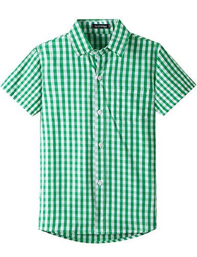 Spring&Gege Jungen Kurzarm Popeline Button Down Shirt Baumwolle Plaid Uniform Formelle Kleidung Hemden, Grün Gingham, 152 158 von Spring&Gege