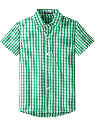 Spring&Gege Jungen Kurzarm Popeline Button Down Shirt Baumwolle Plaid Uniform Formelle Kleidung Hemden, Grün Gingham, 164 170 von Spring&Gege
