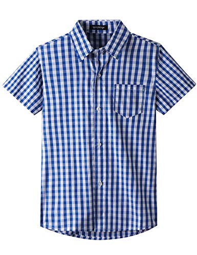 Spring&Gege Jungen Kurzarm Popeline Button Down Shirt Baumwolle Plaid Uniform Formelle Kleidung Hemden, Königsblau Gingham, 152 158 von Spring&Gege