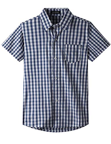 Spring&Gege Jungen Kurzarm Popeline Button Down Shirt Baumwolle Plaid Uniform Groß Kariert Dress Shirts, Navy blau Gingham, 152 158 von Spring&Gege