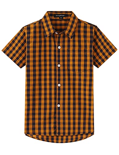 Spring&Gege Jungen Kurzarm Popeline Button Down Shirt Baumwolle Plaid Uniform Groß Kariert Dress Shirts, Orange/Marineblaues Gingham, 116 122 von Spring&Gege