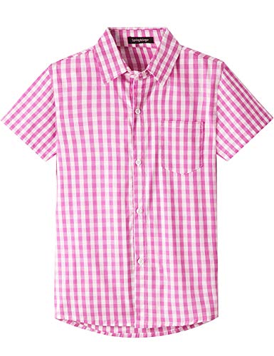 Spring&Gege Jungen Kurzarm Popeline Button Down Shirt Baumwolle Plaid Uniform Groß Kariert Dress Shirts, Rosa Gingham, 152 158 von Spring&Gege