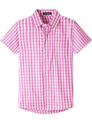 Spring&Gege Jungen Kurzarm Popeline Button Down Shirt Baumwolle Plaid Uniform Groß Kariert Dress Shirts, Rosa Gingham, 164 170 von Spring&Gege