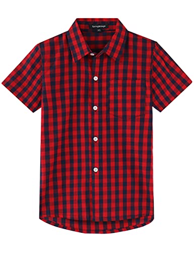 Spring&Gege Jungen Kurzarm Popeline Button Down Shirt Baumwolle Plaid Uniform Groß Kariert Dress Shirts, Rot/Marineblau Gingham, 116 122 von Spring&Gege