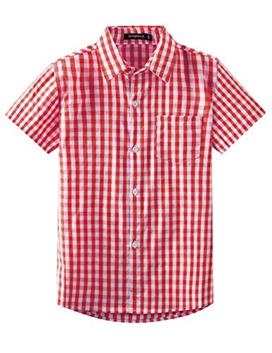 Spring&Gege Jungen Kurzarm Popeline Button Down Shirt Baumwolle Plaid Uniform Groß Kariert Dress Shirts, Rot Gingham, 140 146 von Spring&Gege