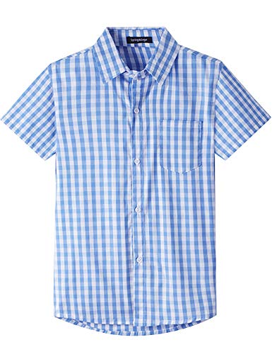 Spring&Gege Jungen Kurzarm Popeline Button Down Shirt Baumwolle Plaid Uniform Hemden, Blau Gingham, 128 134 von Spring&Gege