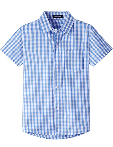 Spring&Gege Jungen Kurzarm Popeline Button Down Shirt Baumwolle Plaid Uniform Hemden, Blau Gingham, 152 158 von Spring&Gege