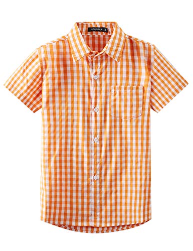 Spring&Gege Jungen Kurzarm Popeline Button Down Shirt Baumwolle Plaid Uniform Hemden, Orange Gingham, 164 170 von Spring&Gege