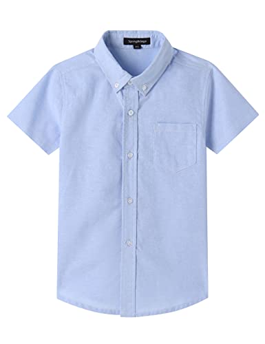 Spring&Gege Jungen Kurzarm Schuluniform Oxford Hemd Baumwolle Einfarbig Button Down Hemden für Kinder, Blau, 7-8 Jahre von Spring&Gege