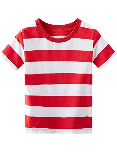 Spring&Gege Jungen Kurzarm T-Shirt mit Streifen Rundhalsausschnitt aus Baumwolle für Kinder,Rot weiße Streifen, 140-146 von Spring&Gege