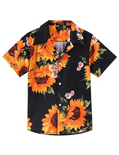 Spring&Gege Jungen Lässige Kurzarm Aloha Hawaii Hemd Kreuzfahrt Hemd Tropische Bluse Tops für Kinder, Gelb Sonnenblume/Schwarz, 7-8 Jahre von Spring&Gege