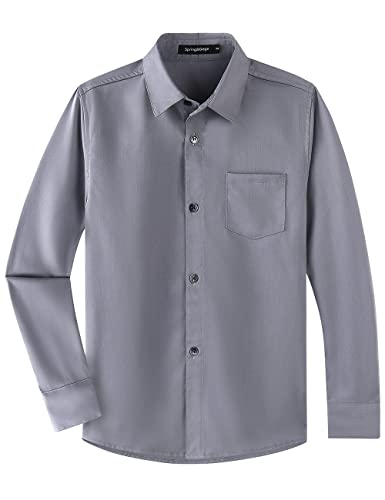 Spring&Gege Jungen Langärmeliges Party Hemd Freizeit Hemd Sateen Stretch Bügelleicht Hochzeit Knitterfreies Shirt, Silber, 9-10 Jahre(L/140 146) von Spring&Gege