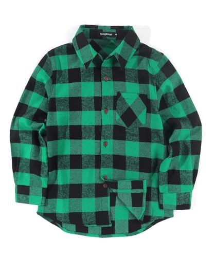 Spring&Gege Jungen Langärmliges Kariertes Button-Down Flanellhemd für Kinder, Grün schwarz, 116-122 (S EU) von Spring&Gege