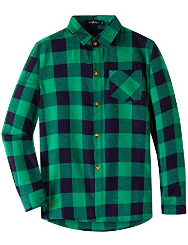 Spring&Gege Jungen Langärmliges Kariertes Button-Down Flanellhemd für Kinder, Grün schwarz, 152-158 (XL EU) von Spring&Gege