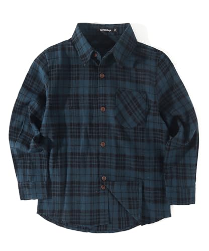 Spring&Gege Jungen Langärmliges Kariertes Button-Down Flanellhemd für Kinder, Marineblau Schwarz, 164-170/13-14 Years von Spring&Gege