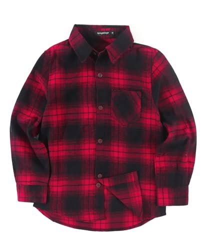 Spring&Gege Jungen Langärmliges Kariertes Button-Down Flanellhemd für Kinder, Rot schwarz, 128-134/7-8 Years von Spring&Gege