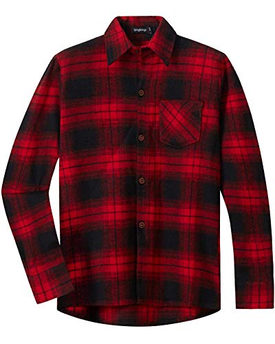 Spring&Gege Jungen Langärmliges Kariertes Button-Down Flanellhemd für Kinder, Rot schwarz, 152-158/11-12 Years von Spring&Gege