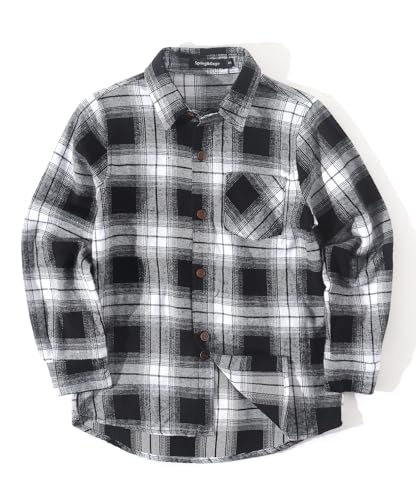 Spring&Gege Jungen Langärmliges Kariertes Button-Down Flanellhemd für Kinder, Schwarz-Weiss, 140-146/9-10 Years von Spring&Gege