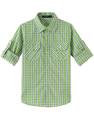 Spring&Gege Jungen Langarm Plaid Hemd Aufrollbar Knopf Unten Hemd Tops für Kinder, Grün, 13-14 Jahre von Spring&Gege