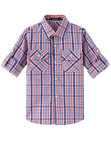 Spring&Gege Jungen Langarm Plaid Hemd Aufrollbar Knopf Unten Hemd Tops für Kinder, Orange/Königsblau, 9-10 Jahre von Spring&Gege