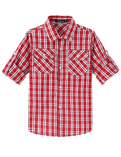 Spring&Gege Jungen Langarm Plaid Hemd Aufrollbar Knopf Unten Hemd Tops für Kinder, Rot, 11-12 Jahre von Spring&Gege