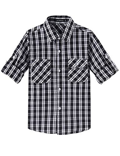 Spring&Gege Jungen Langarm Plaid Hemd Aufrollbar Knopf Unten Hemd Tops für Kinder, Schwarz, 11-12 Jahre von Spring&Gege