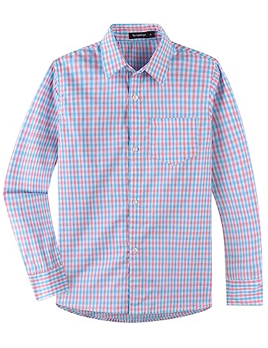 Spring&Gege Jungen Langarm Popeline Button Down Shirt Baumwolle Plaid Uniform Dress Shirts, Blau/Rosa Klein Gingham,L von Spring&Gege