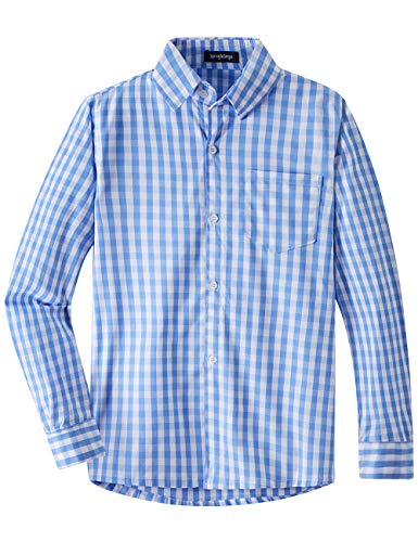 Spring&Gege Jungen Langarm Popeline Button Down Shirt Baumwolle Plaid Uniform Dress Shirts, Blau Groß Gingham, M von Spring&Gege