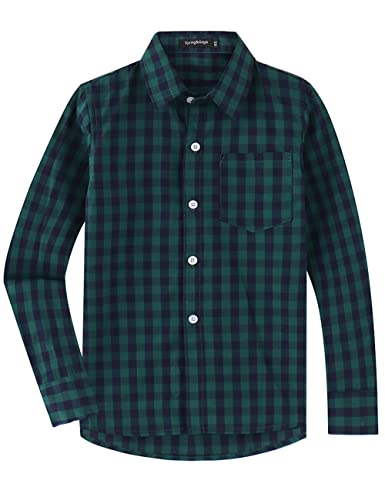 Spring&Gege Jungen Langarm Popeline Button Down Shirt Baumwolle Plaid Uniform Dress Shirts, Grün/Marineblau Gingham,L von Spring&Gege