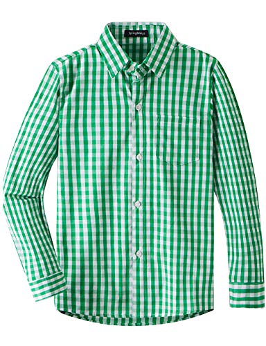 Spring&Gege Jungen Langarm Popeline Button Down Shirt Baumwolle Plaid Uniform Dress Shirts, Grün Groß Gingham, M von Spring&Gege