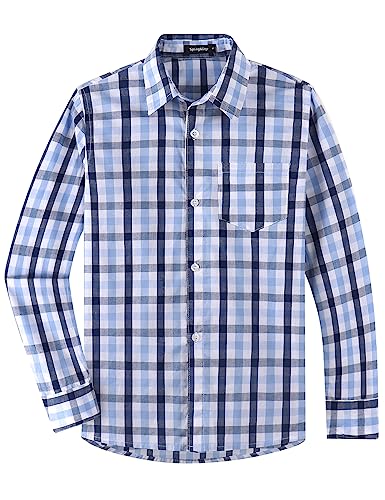 Spring&Gege Jungen Langarm Popeline Button Down Shirt Baumwolle Plaid Uniform Dress Shirts, Marineblau/Weiß Gingham,S von Spring&Gege