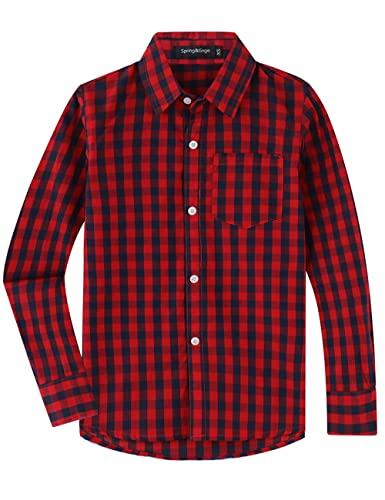 Spring&Gege Jungen Langarm Popeline Button Down Shirt Baumwolle Plaid Uniform Dress Shirts, Rot/Marineblau Gingham,XL von Spring&Gege
