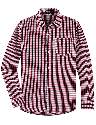 Spring&Gege Jungen Langarm Popeline Button Down Shirt Baumwolle Plaid Uniform Dress Shirts, Rot/Schwarz Klein Gingham,L von Spring&Gege