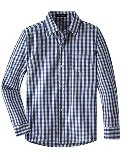 Spring&Gege Jungen Langarm Popeline Button Down Shirt Baumwolle Plaid Uniform Groß Kariert Dress Shirts, Navy blau Gingham, XL von Spring&Gege