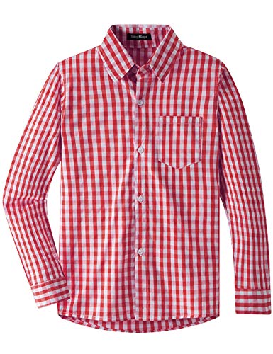 Spring&Gege Jungen Langarm Popeline Button Down Shirt Baumwolle Plaid Uniform Groß Kariert Dress Shirts, Rot Gingham, XL von Spring&Gege