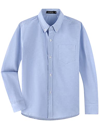 Spring&Gege Jungen Langarm Schuluniform Oxford Hemd Baumwolle Einfarbig Button Down Hemden für Kinder, Blau, 7-8 Jahre von Spring&Gege