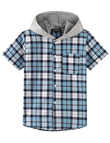 Spring&Gege Jungen Mädchen Hoodie Kurzarm Karohemd Lässig Baumwolle Button-Down Shirts, Blau, 7-8 Jahre von Spring&Gege