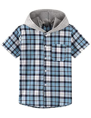 Spring&Gege Jungen Mädchen Hoodie Kurzarm Karohemd Lässig Baumwolle Button-Down Shirts, Blau, 9-10 Jahre von Spring&Gege